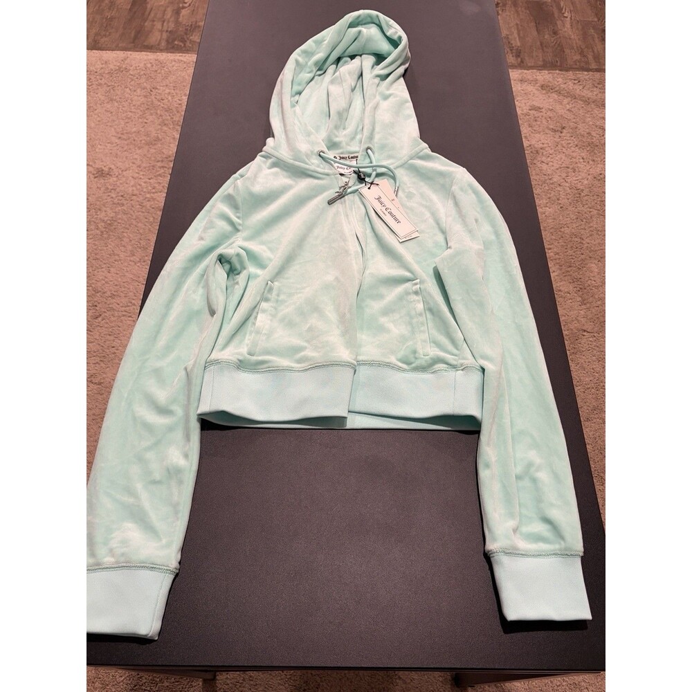 Juicy Couture Womens Velour Zip Hoodie Mint Green Rhinestone Charm Size M NWT